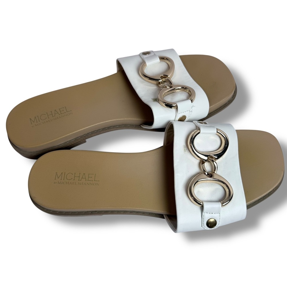 Michael by Michael Shannon White & Gold Chain Detail Slide Sandals Size 9M